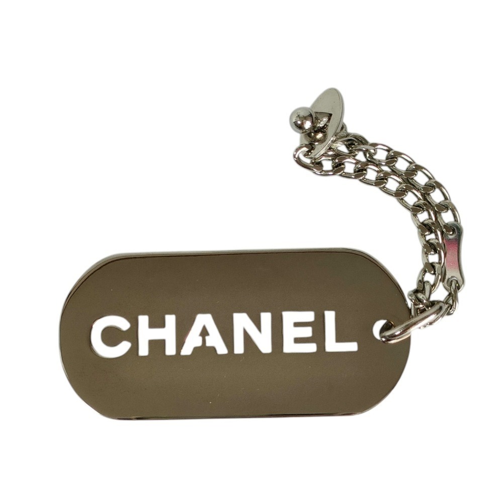 CHANEL 04V Logo Plate Dog Tag Keychain, Silver Color, Women's